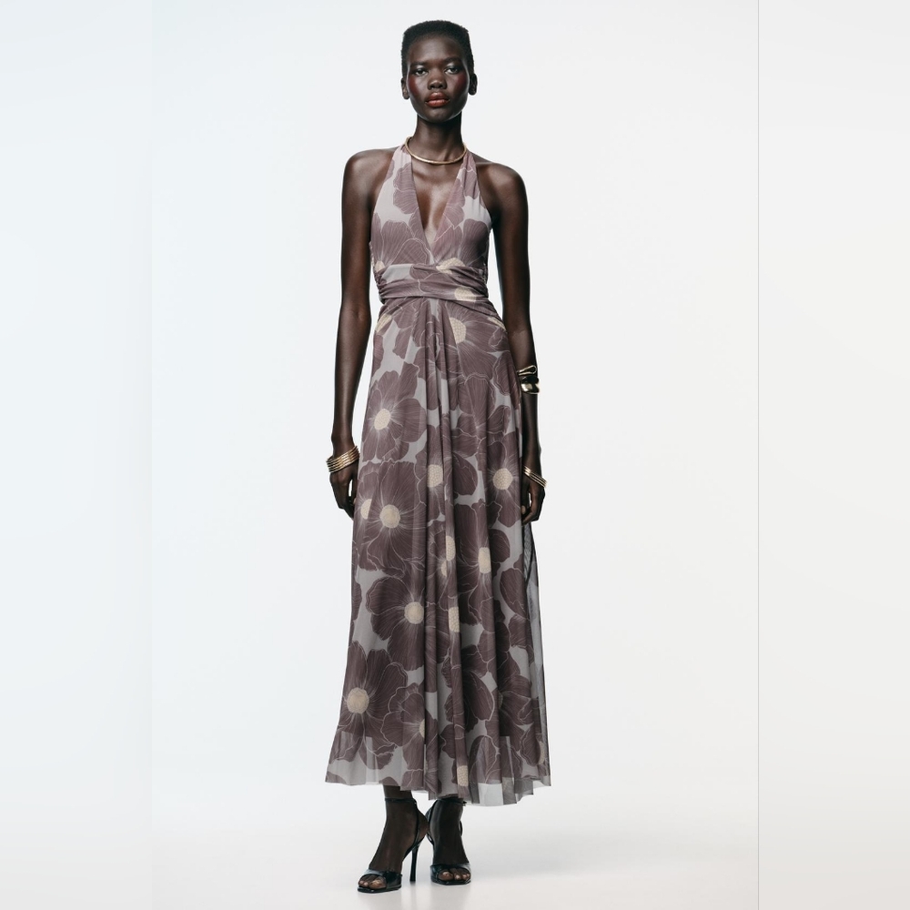 Floral Taupe Printed Cut Out Tulle Maxi Dress Halter Tie Neck Zara 5039/145/832